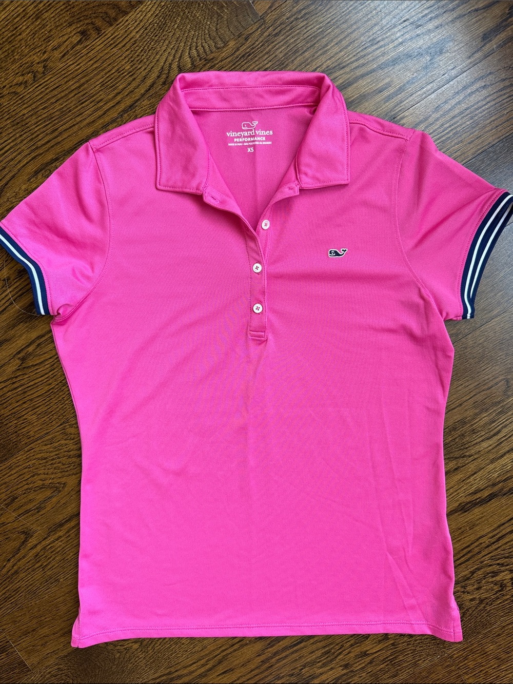 Vineyard Vines Bright Pink Polo with Navy-Striped Cuffs